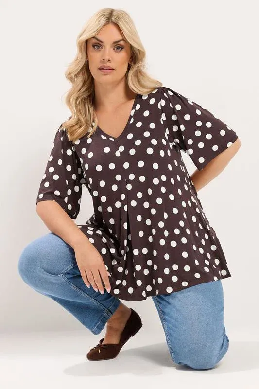 Chocolate Brown Polka Dot Pleated Front Top