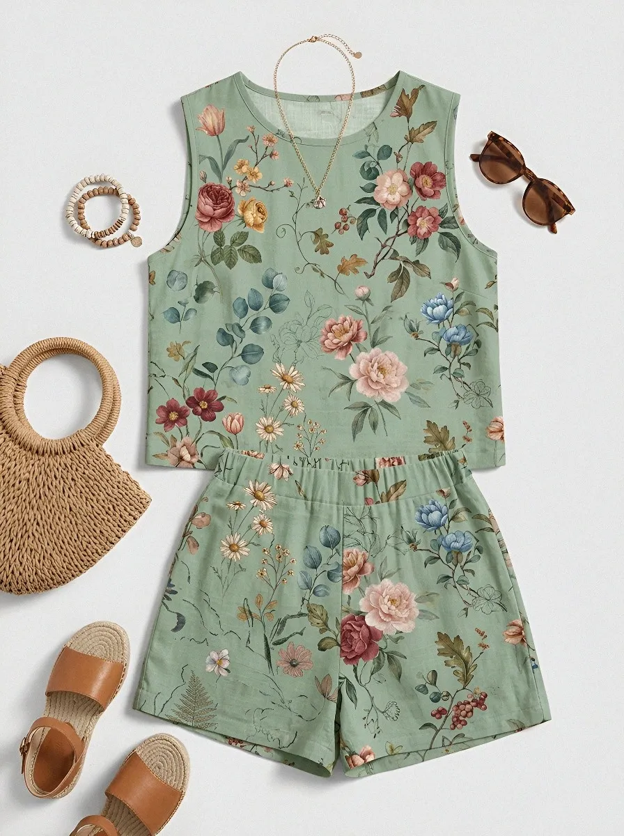 Women's Botanical Garden Floral Printed Sleeveless Shorts Set
