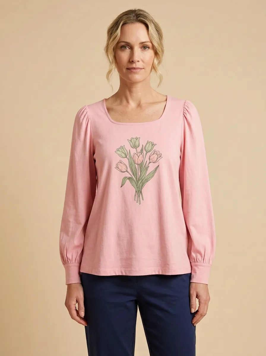 Women's Floral Graphic Square-Neck Long-Sleeve Top