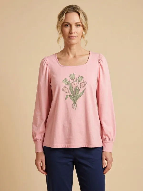 Women's Floral Graphic Square-Neck Long-Sleeve Top