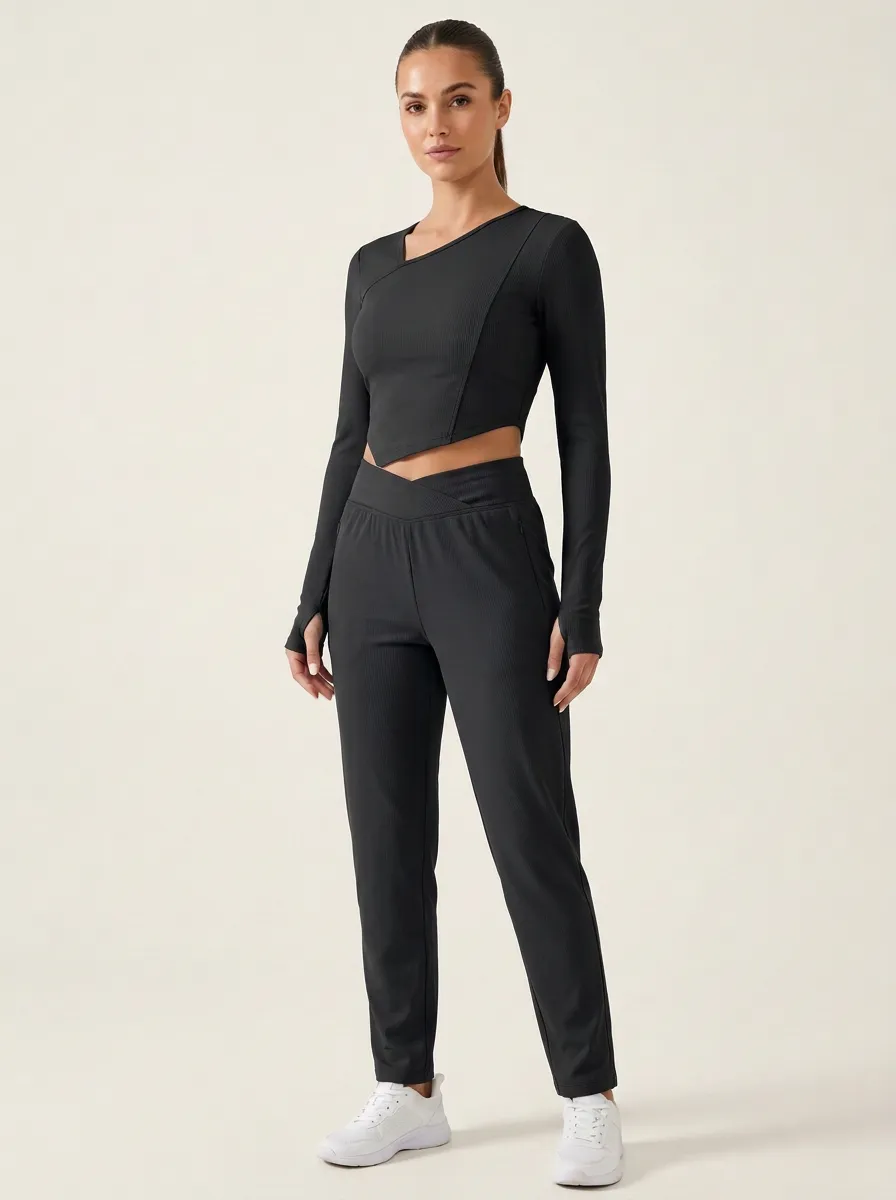 Women's Ribbed Overlap-Neck Thumbhole Crop Top and Straight-Leg Trouser Set