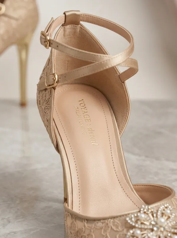 Pearl Floral Lace-Detail Buckle-Strap Women's Formal High Heels