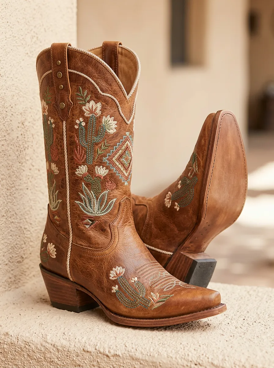 Prairie Cactus Floral Embroidered Ranch Look Unisex Western Cowboy Boots