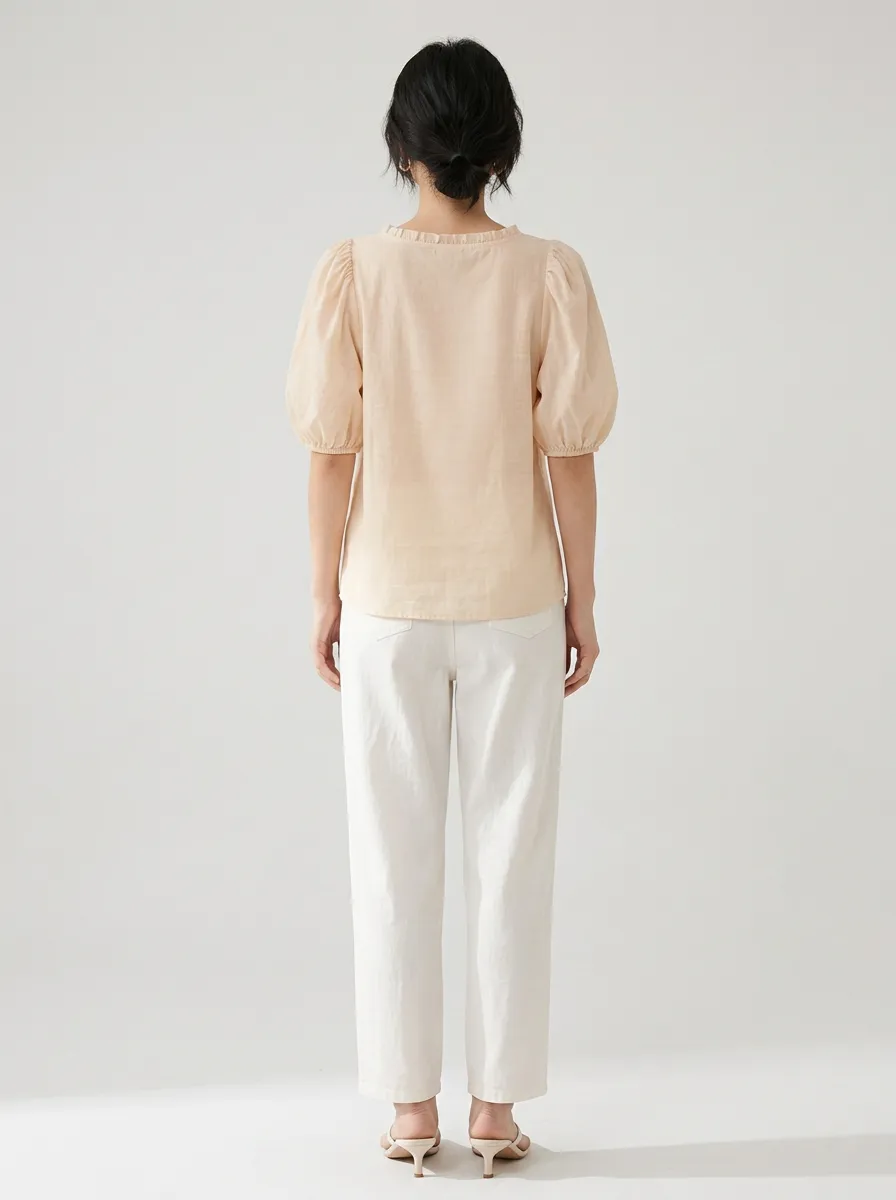 Embroidered Floral Button-Front Women's Puff-Sleeve Blouse