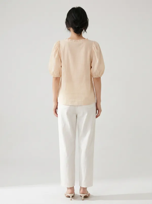 Embroidered Floral Button-Front Women's Puff-Sleeve Blouse