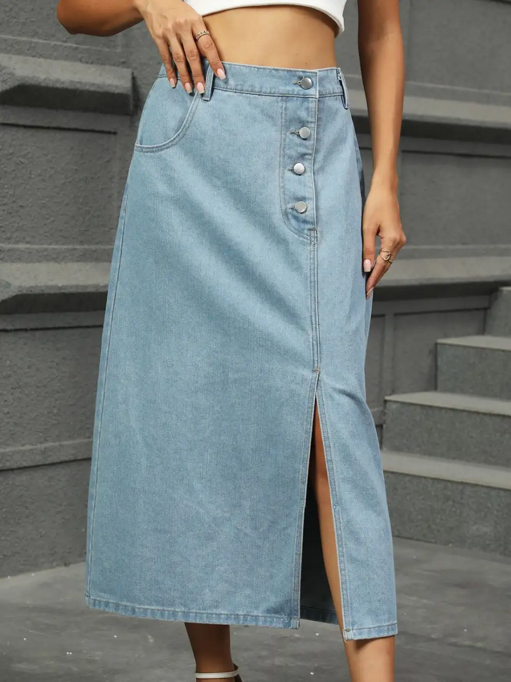 Everyday Denim Button Front Midi Skirt