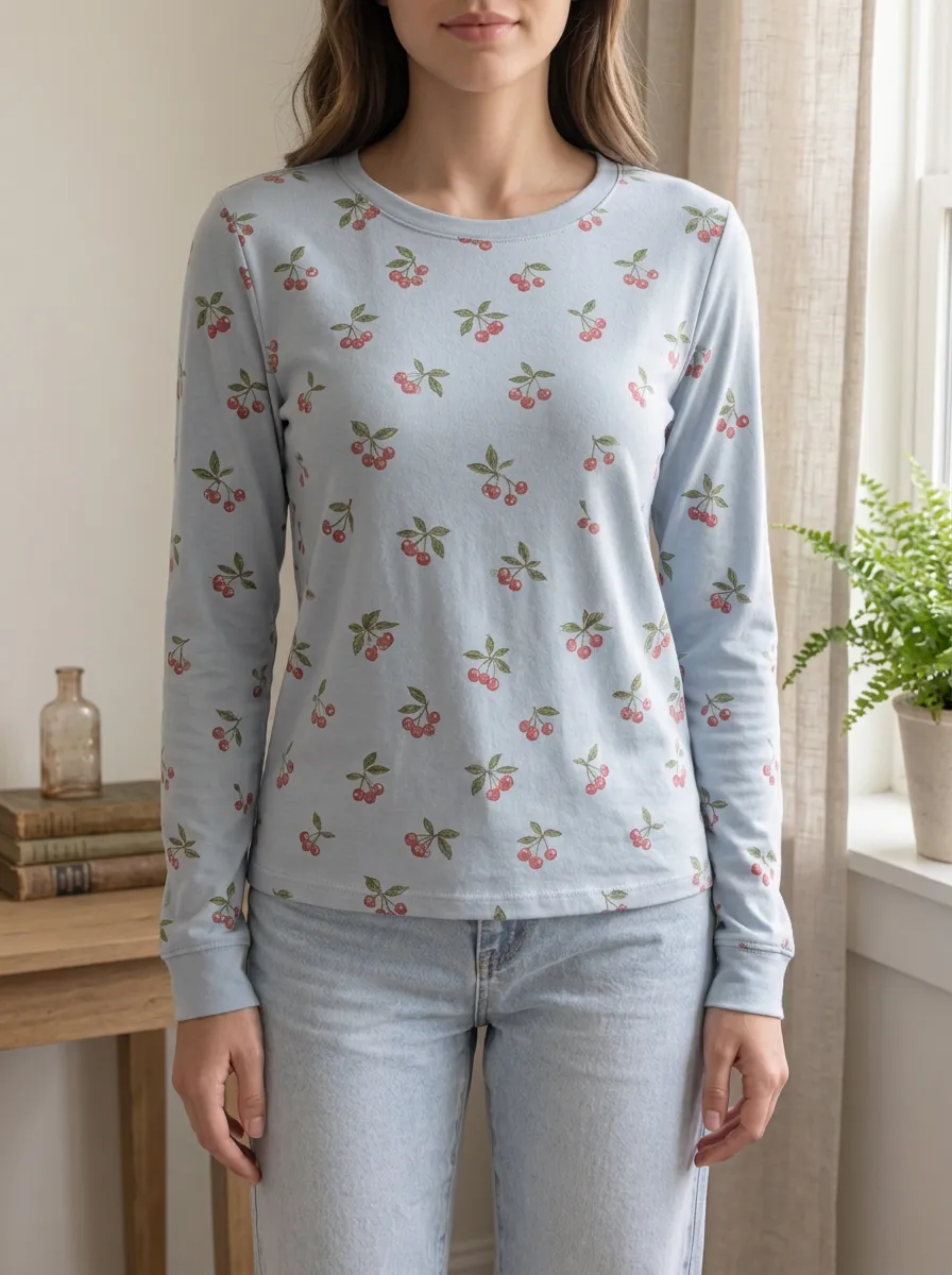 Women's Graceful Sweet Style Cherry Pattern Printed Long Sleeve T-shirt