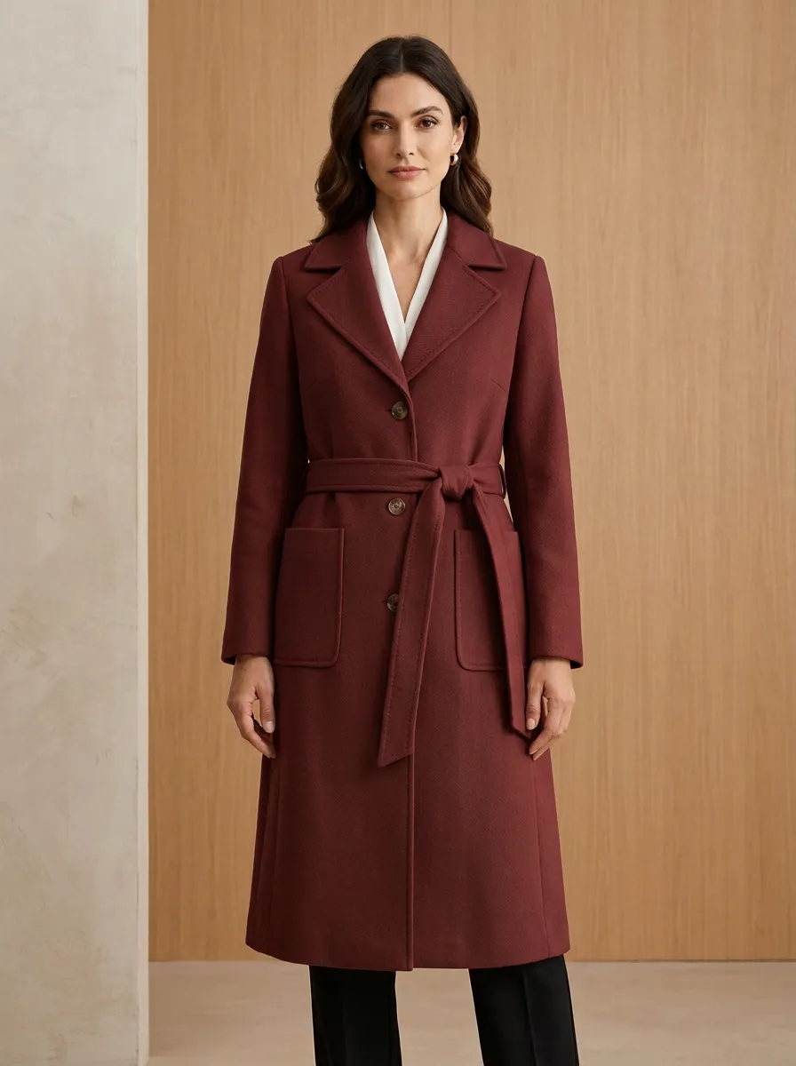 Women's Camel Wool-Blend Belted Long Coat