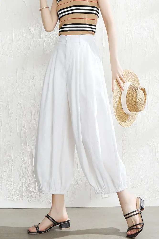 Classic Linen Wide Leg Cropped Elastic Waist Pocketed Trousers