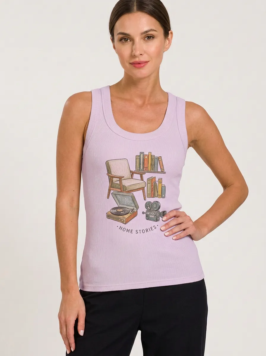 Women's Book Home Stories Record Player Graphic Tank Top