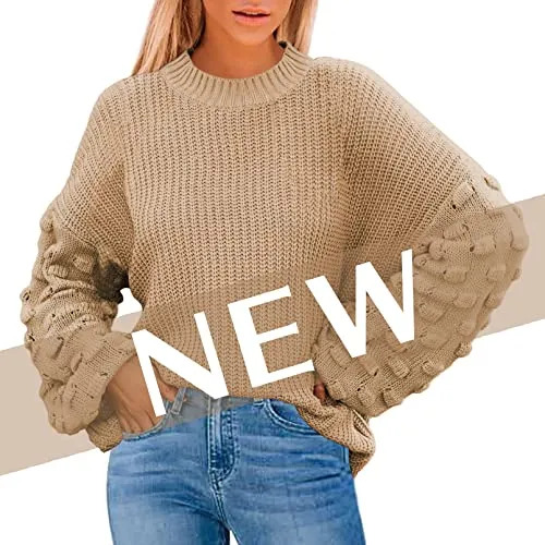 Women's Cute Oversized Crewneck Loose Puff Sleeves Chunky Knit Pullover Sweater