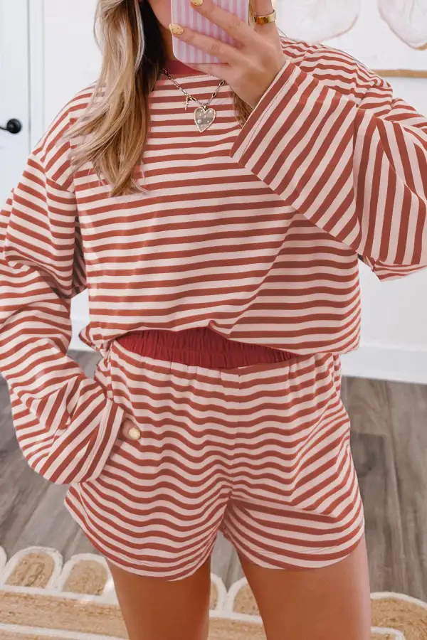 Women's Relaxed Long Sleeve Top Contrast Elastic Waistband Short Set
