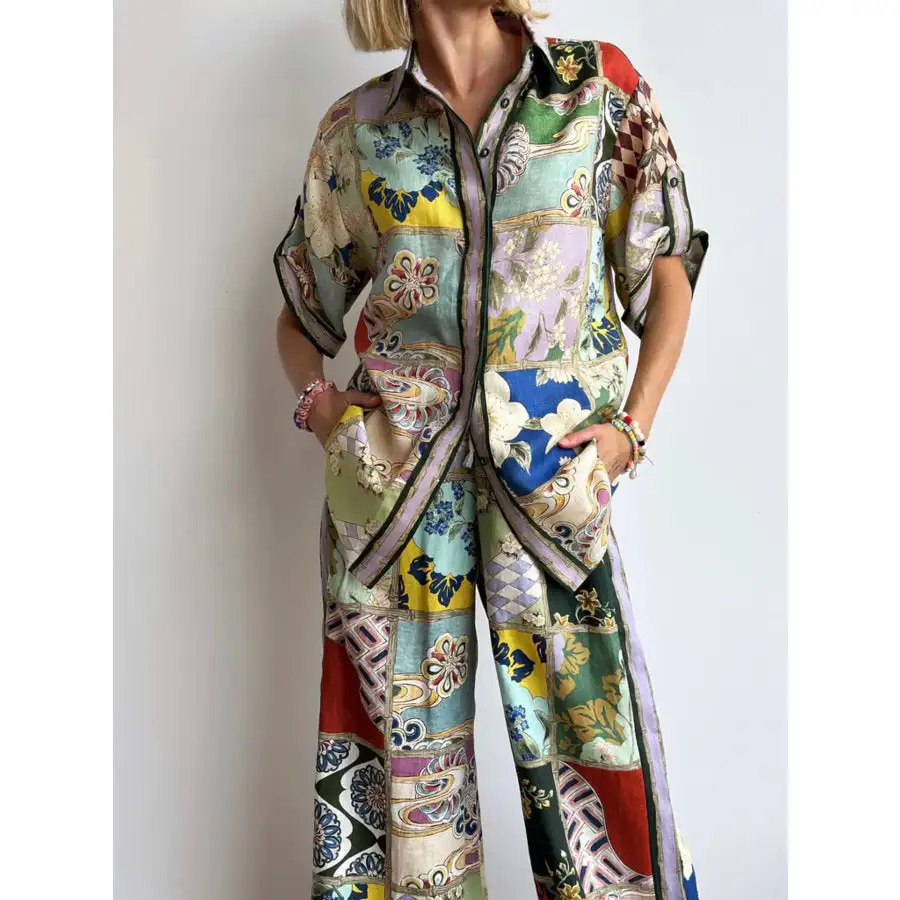 Lightweight Printed Button Up Shirt and Pants Set