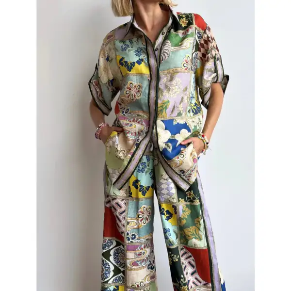 Lightweight Printed Button Up Shirt and Pants Set