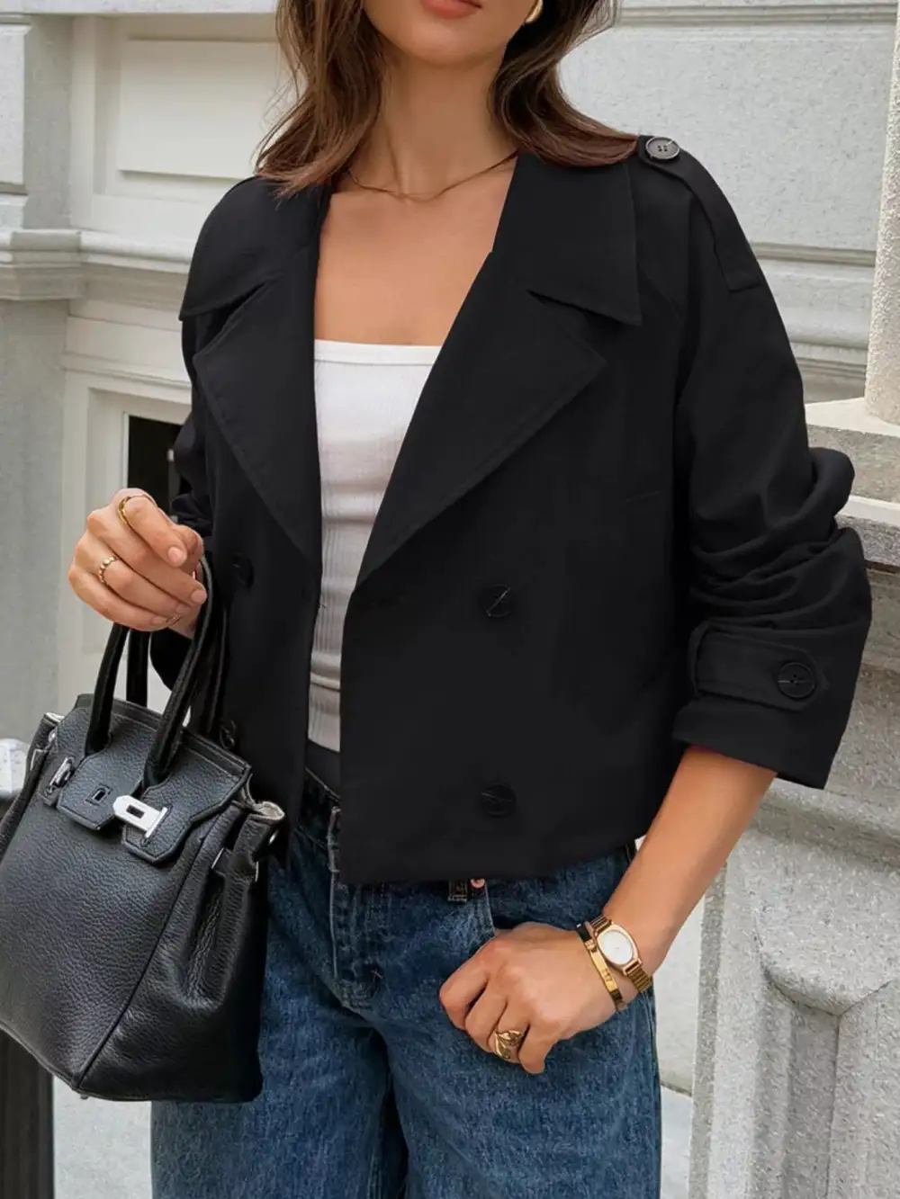 Cropped Double-breasted Raglan Sleeve Jacket