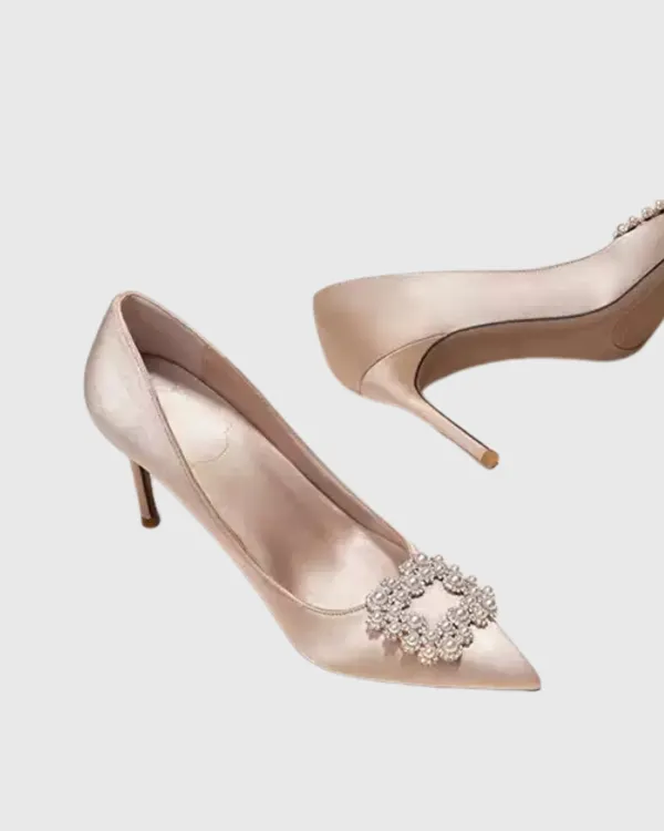 Rhinestone Buckle Satin Pumps in Champagne