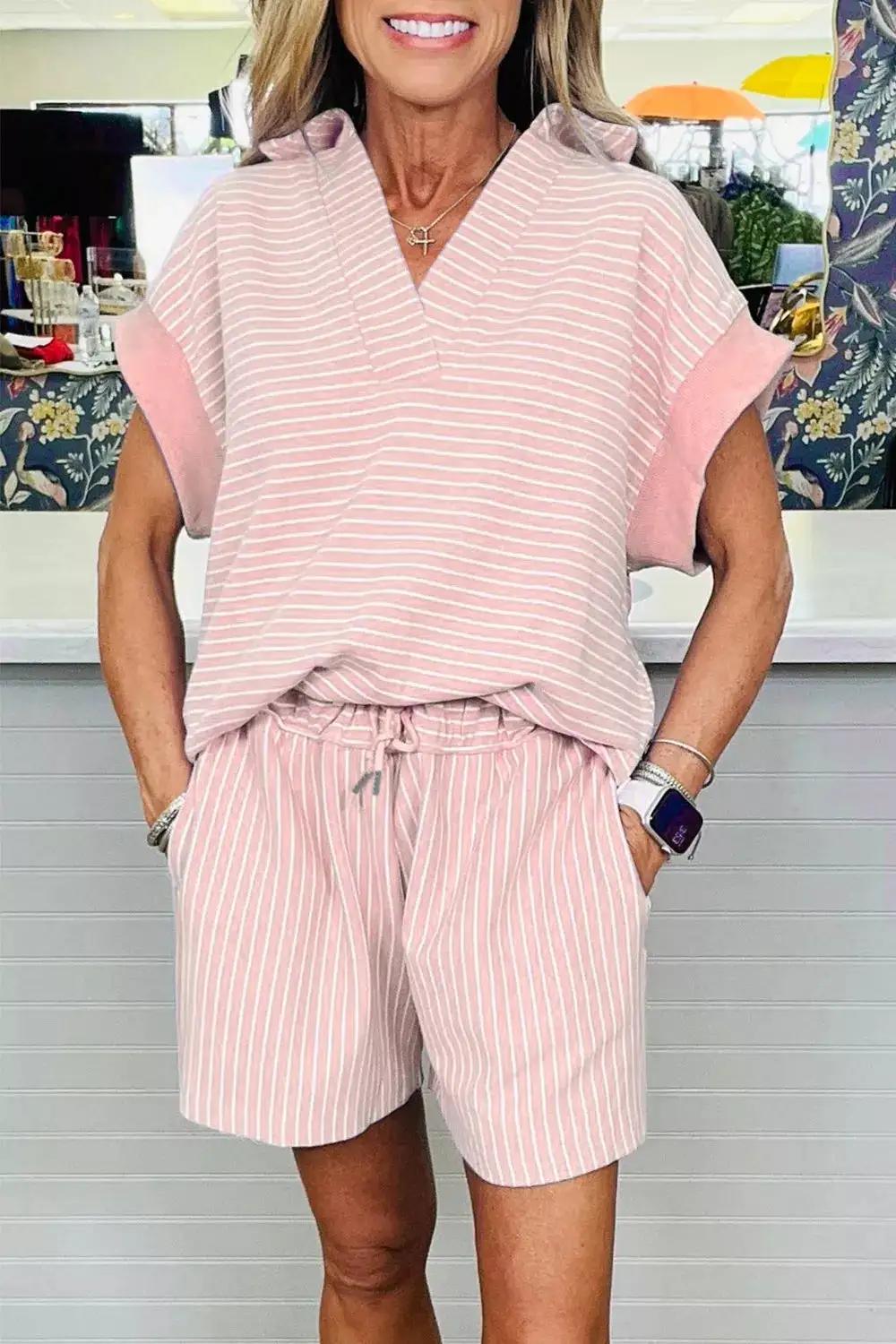 Stripe Dolman Sleeve Polo Shirt Drawstring Shorts Set