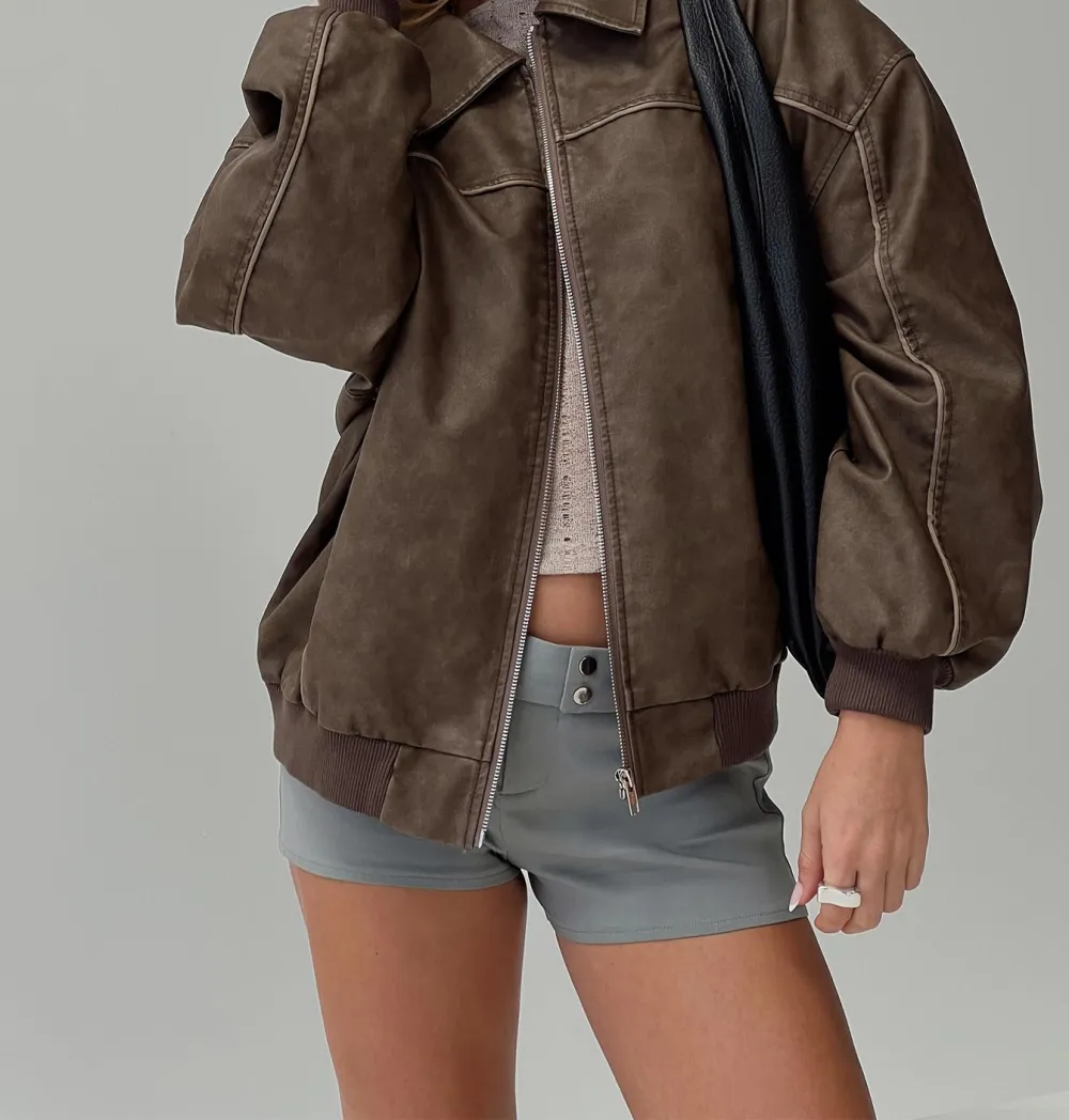 Washed Dark Brown Faux Leather Oversized Bomber Jacket