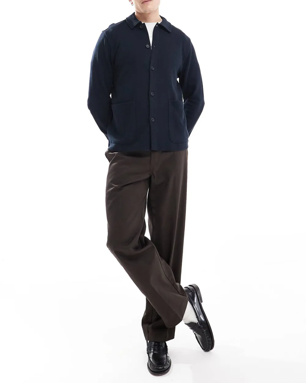 Long Sleeve Button Through Polo Shirt In Navy Blue Jersey