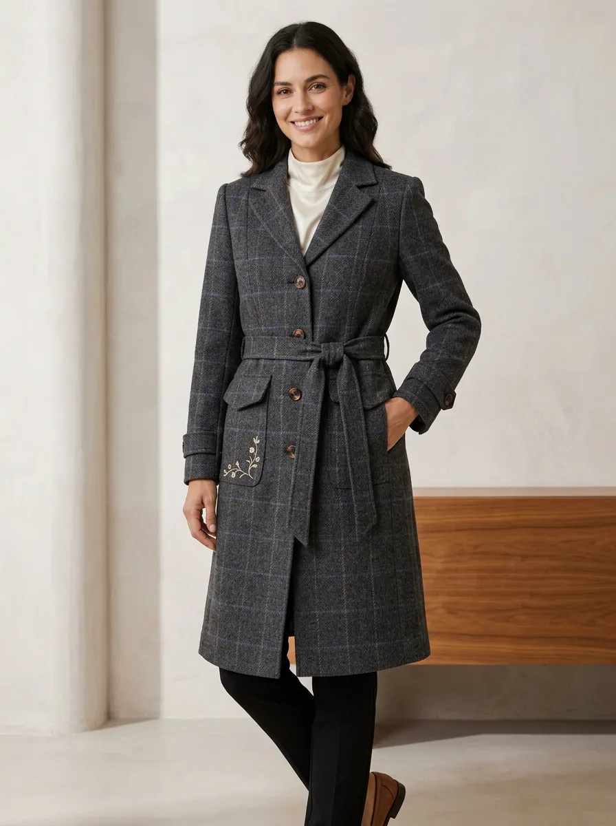 Women's Plaid Floral Embroidered Belted Coat