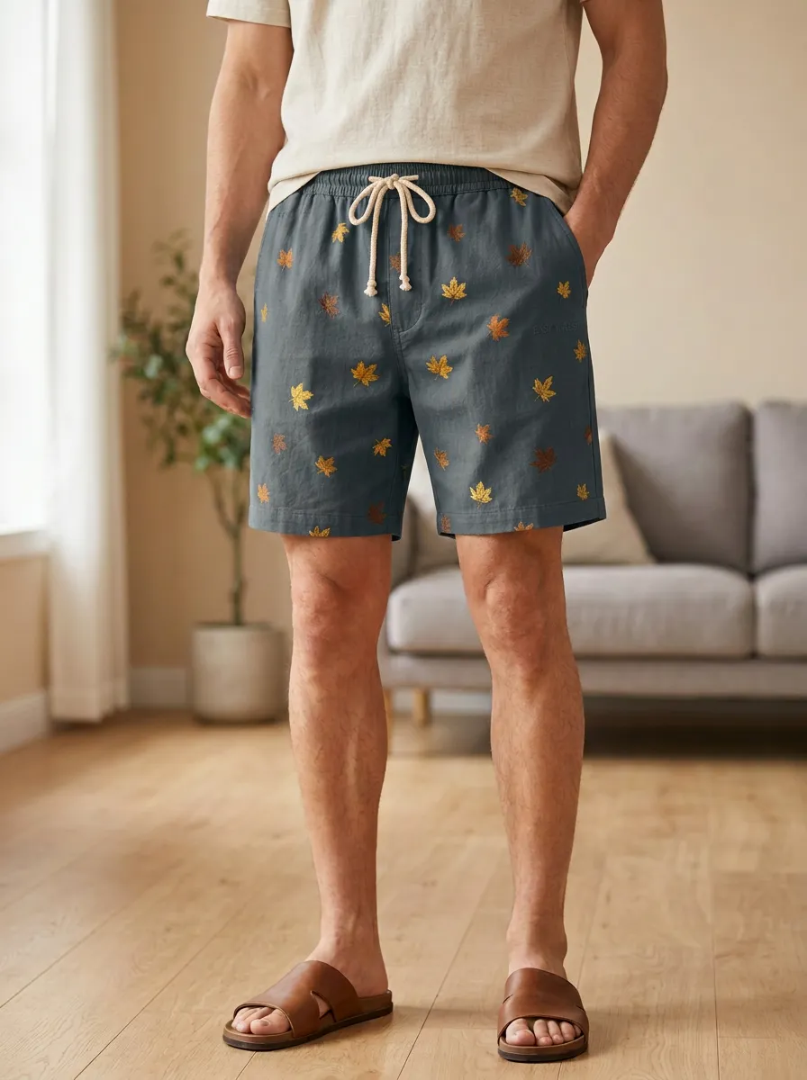 Tan Maple Leaf Print Drawstring Pocket Shorts