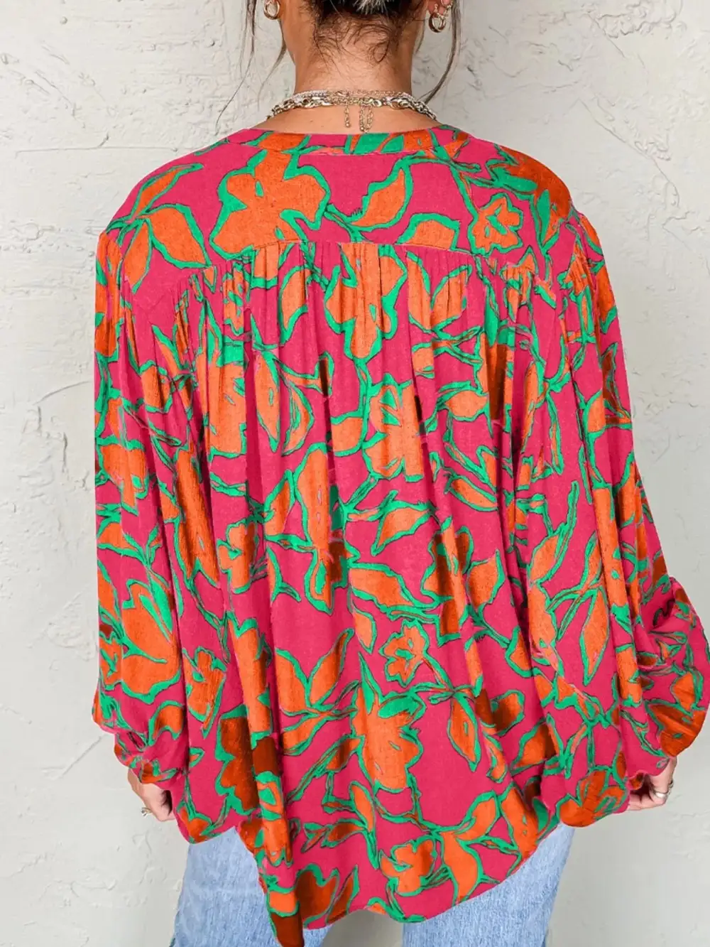 Print Batwing Sleeve Buttoned Loose Fit Shirt