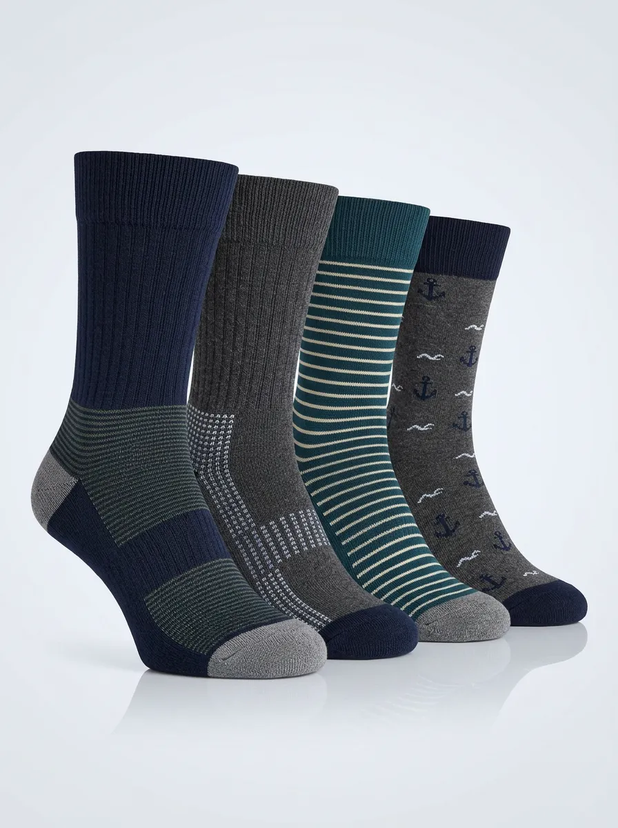 Essential Striped Printed Finish Men's Four Pair Socks