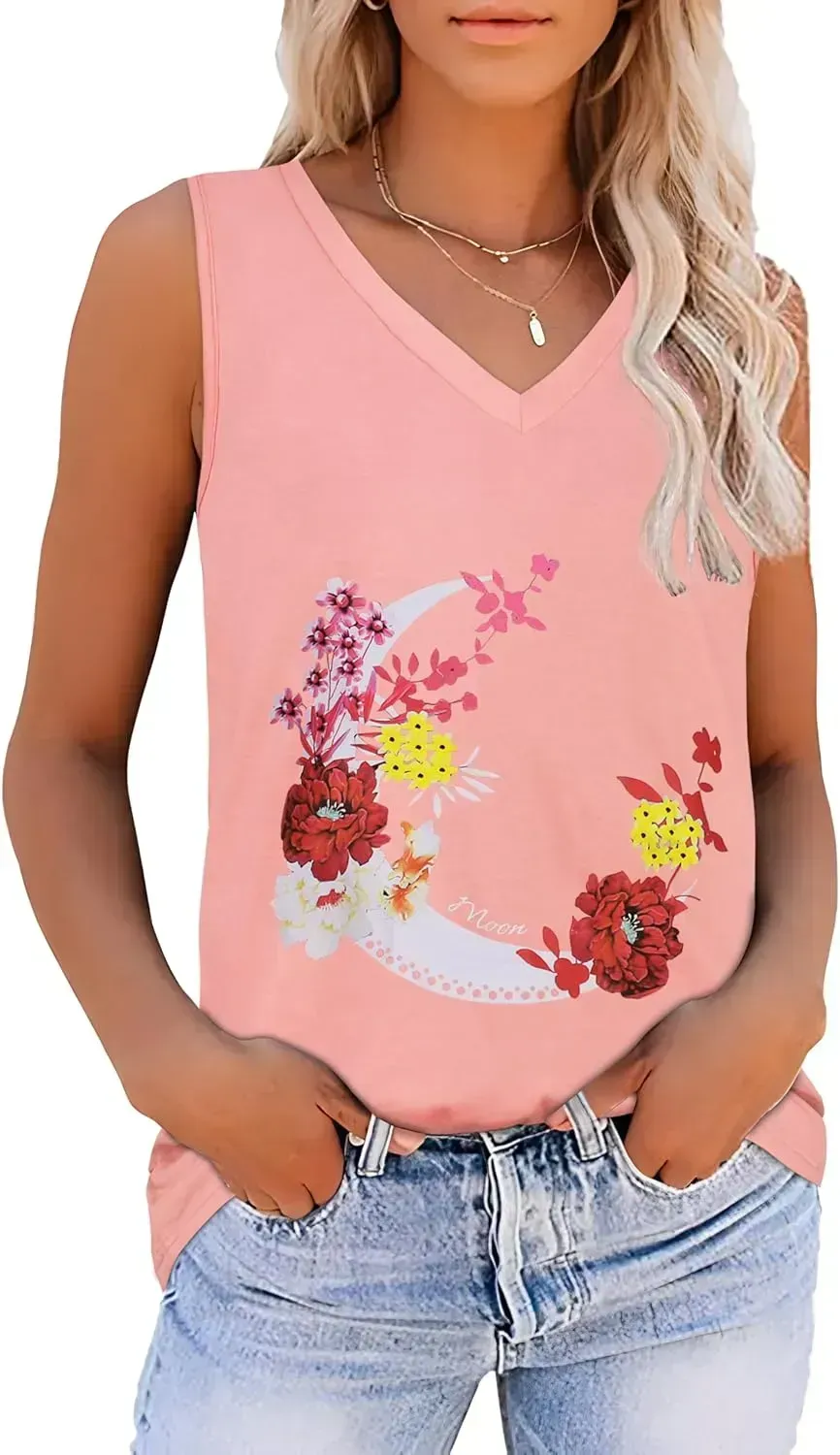 Summer Tops for Women Sleeveless V Neck Tshirt Loose Fit Casual Tank Tunic Blouse