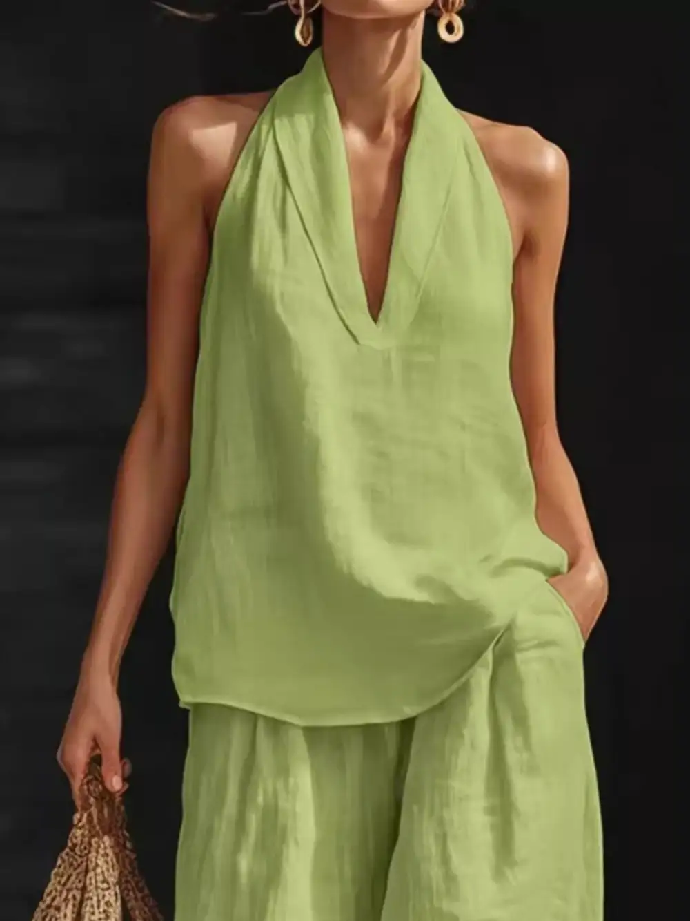 Halter Neck Top and Wide Leg Pants Set