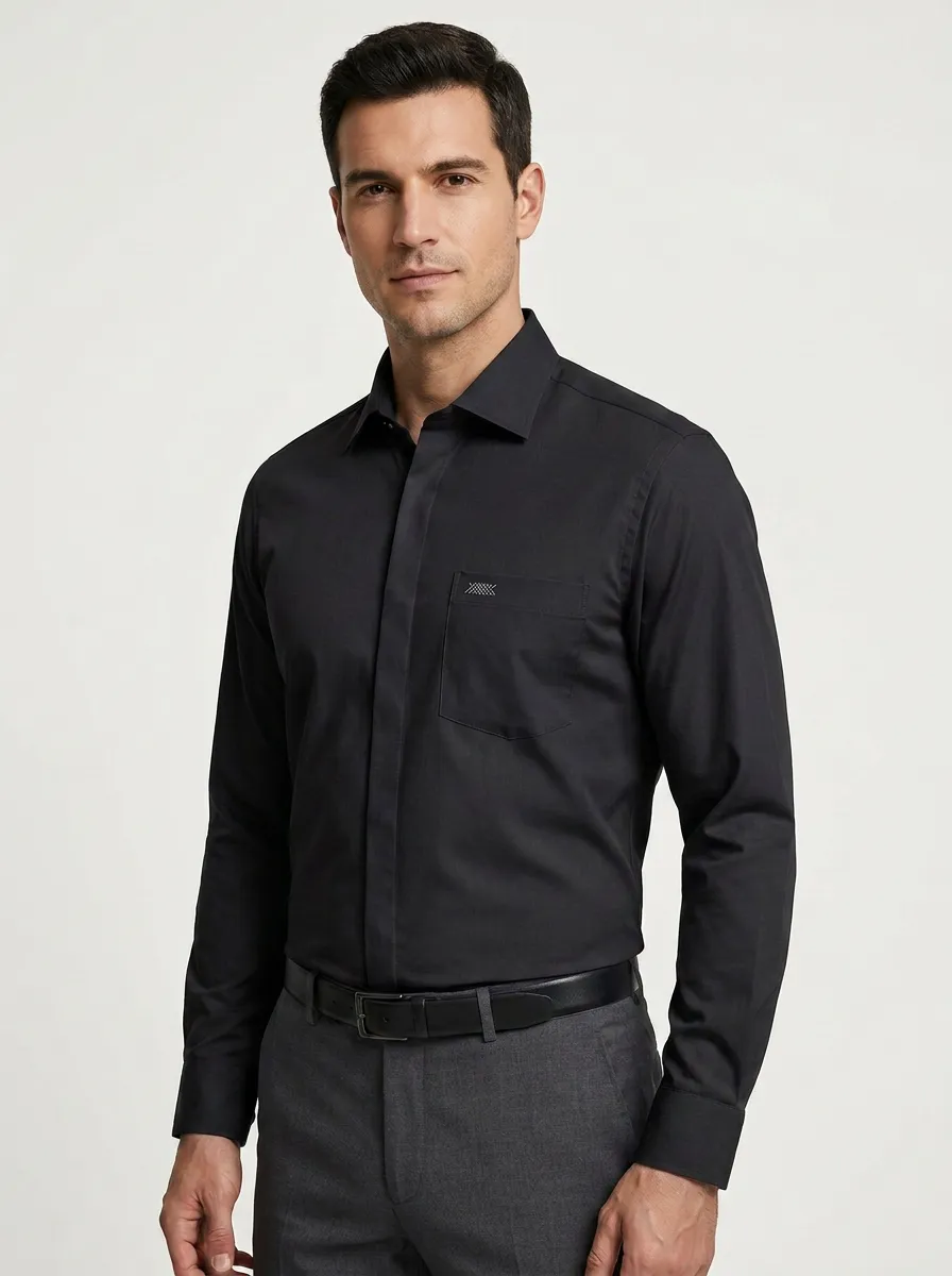 Men's Non-Iron Cotton  Logo Embroidered Long Sleeve Shirt