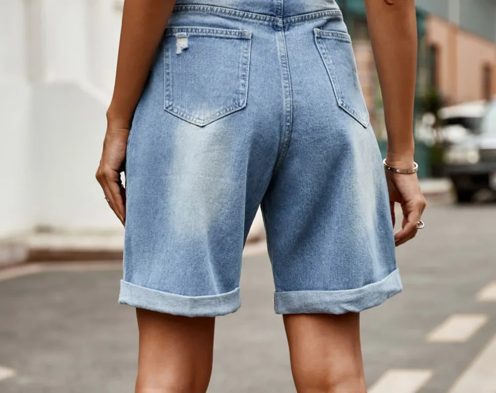 Distressed Buttoned Denim Shorts with Pockets