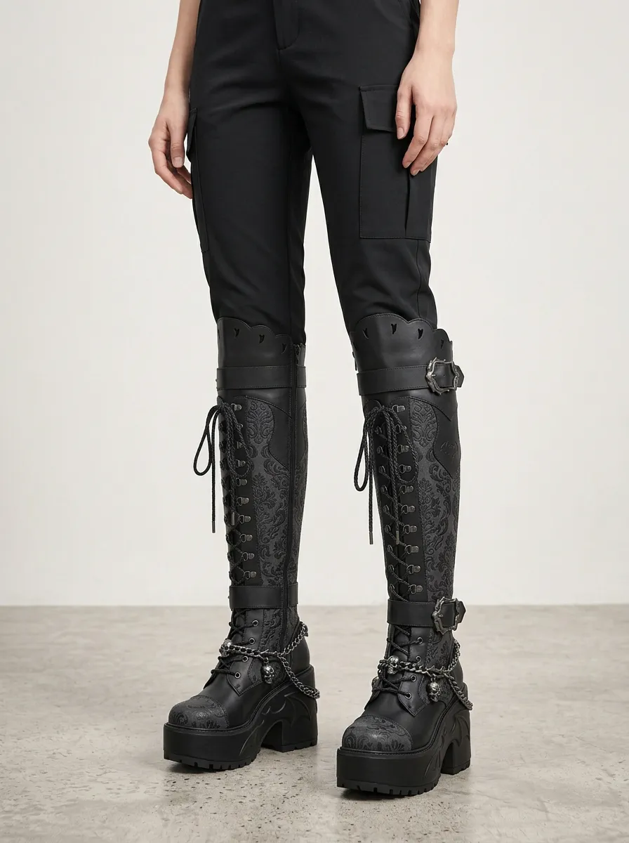 Classic Gothic Skull Bat Damask Night Look Women's Gothic Platform Boots