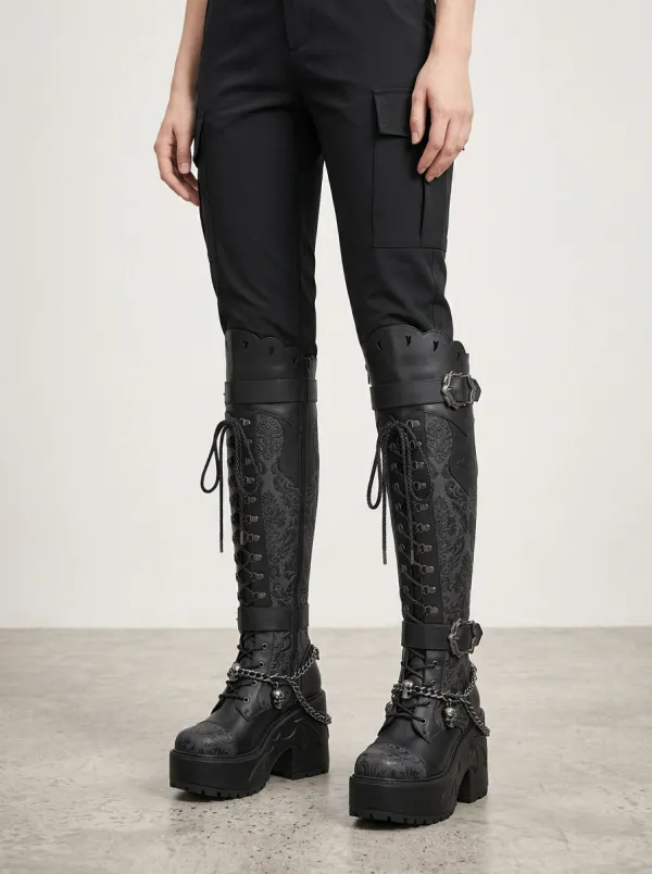 Classic Gothic Skull Bat Damask Night Look Women's Gothic Platform Boots