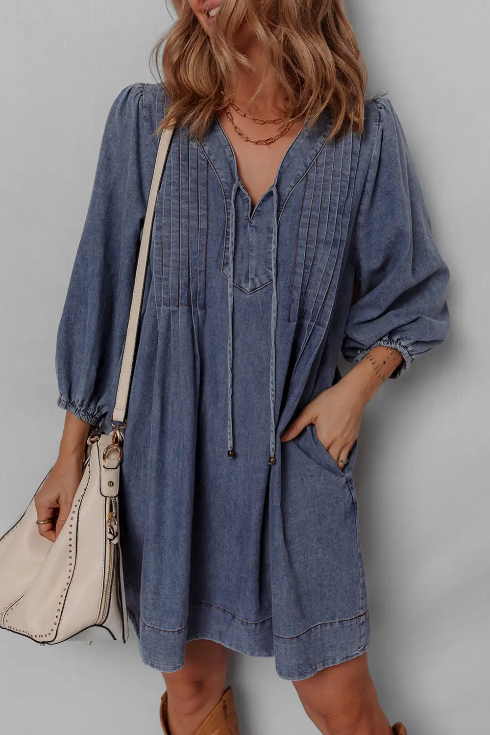 Denim Look Pleated Tie Detail Mini Dress