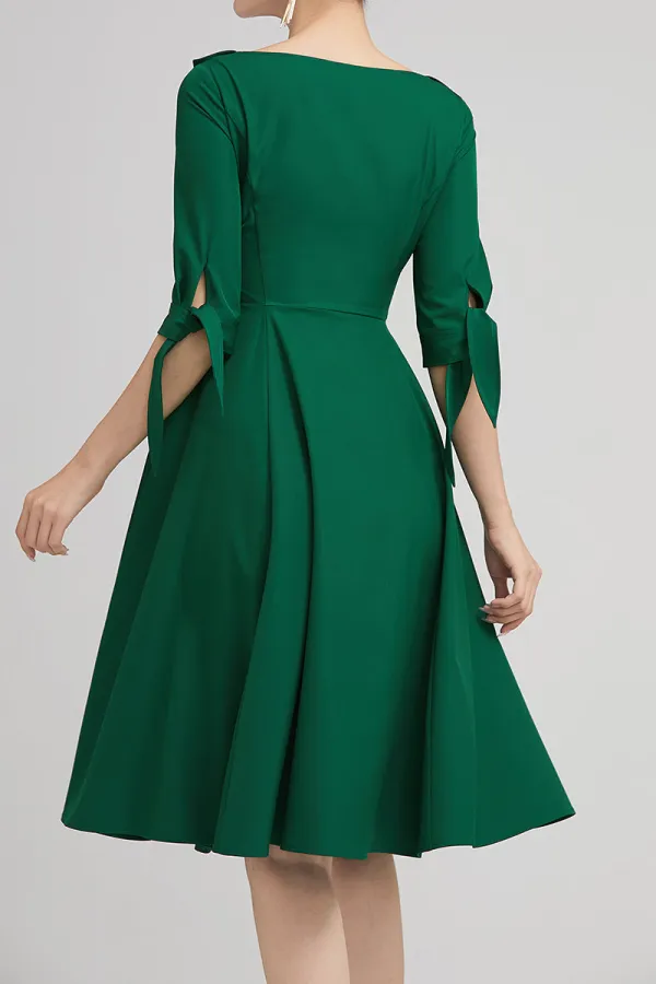 Polyester Swing Pleated Lapel Collar Midi Dress