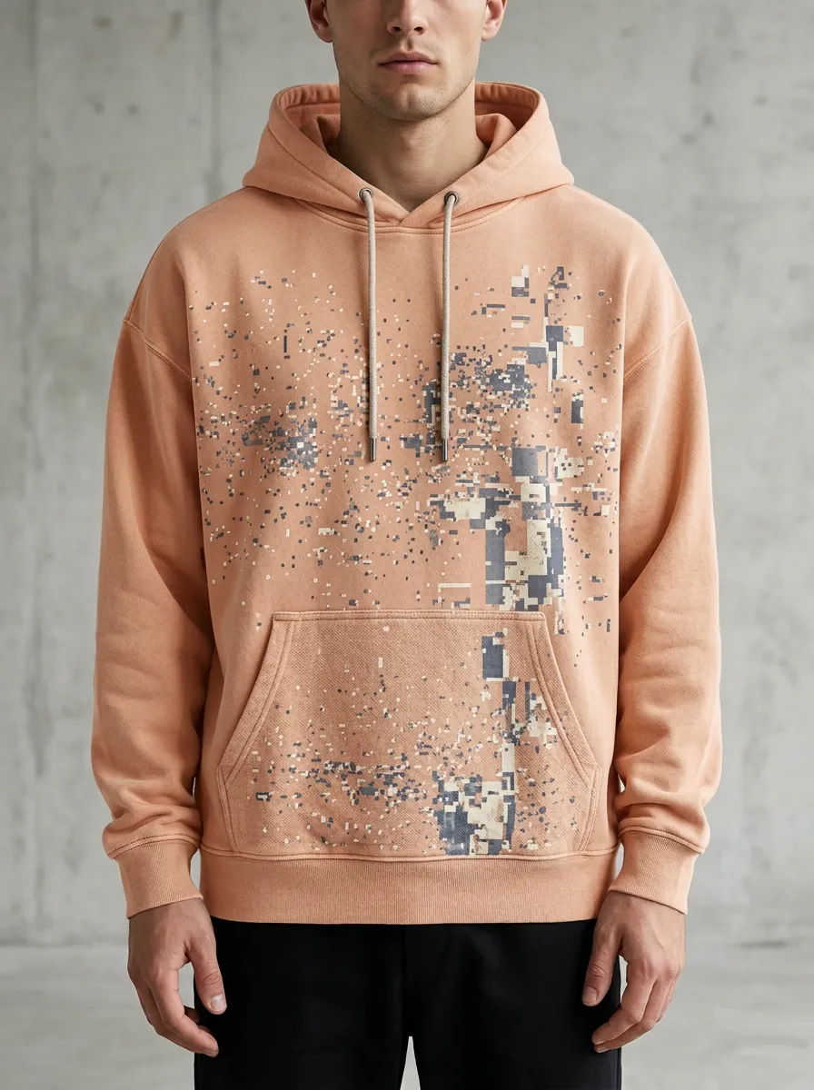 Men's Techwear Style Digital Glitch Print Hoodie