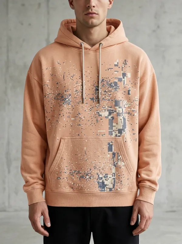 Men's Techwear Style Digital Glitch Print Hoodie