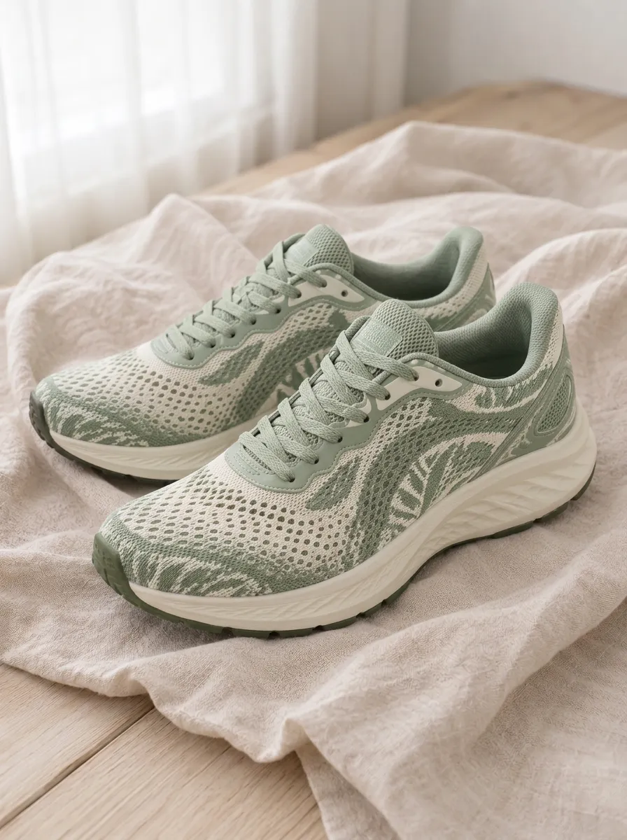 Women's Sage Green Botanical Pattern Printed Running Shoes