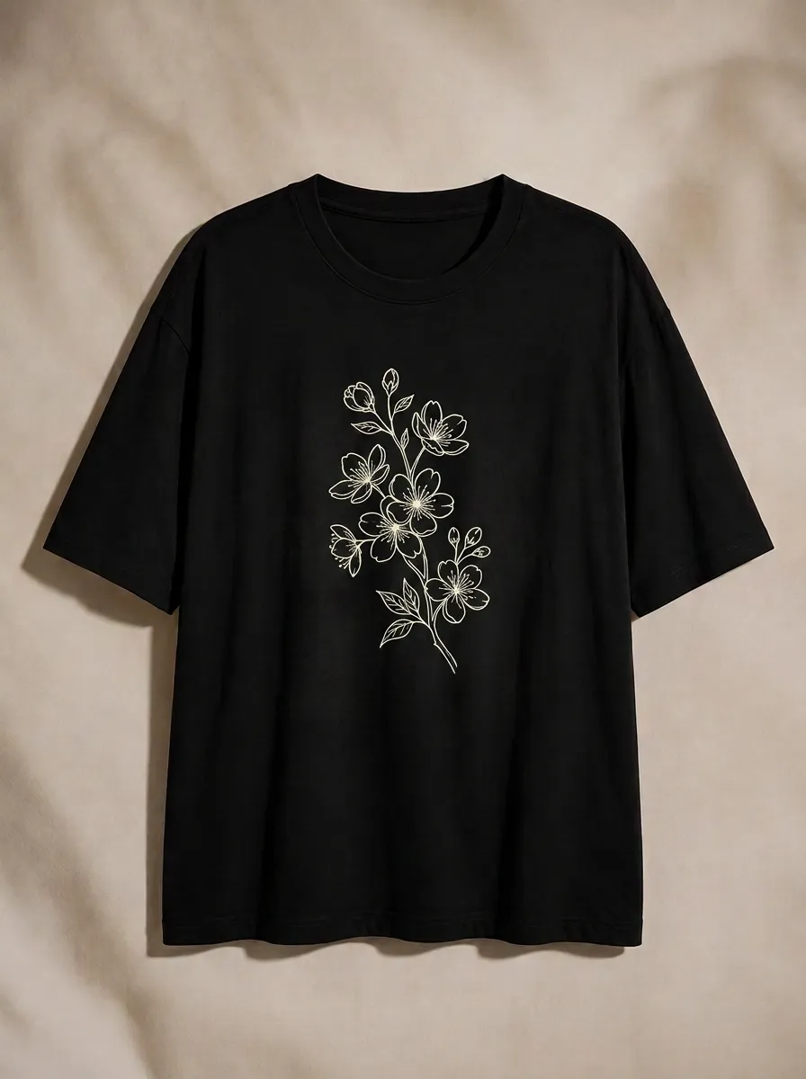 Unisex Nature Lover Cherry Blossom Line Art Printed T-shirt