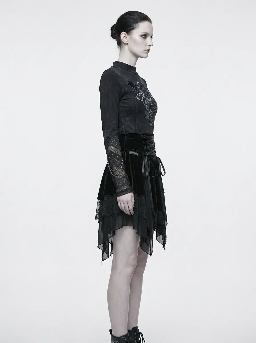 Women's Gothic Rose Thorn Raven Printed Long Sleeve Top