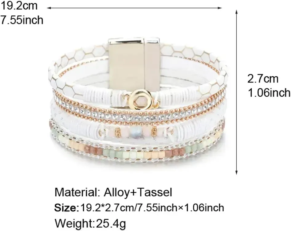 Fesciory Leather Wrap Bracelets for Women, Boho Leopard Multi-Layer Crystal Beads Cuff Bracelet Jewelry