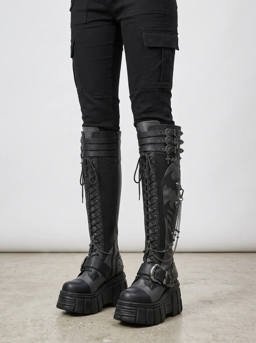 Ritual-Inspired Skull Bat Collection Women's Gothic Platform Knee High Boots