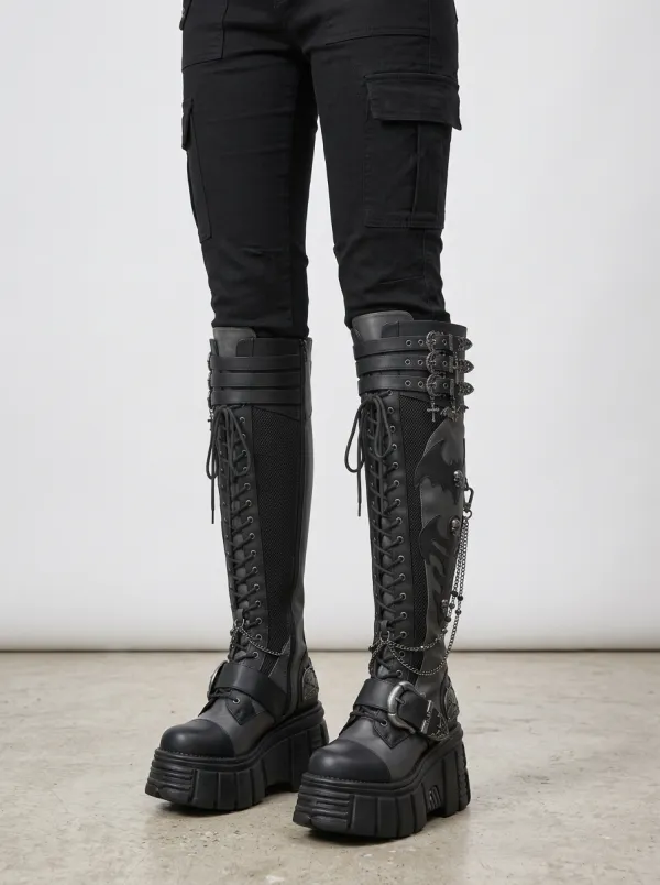 Ritual-Inspired Skull Bat Collection Women's Gothic Platform Knee High Boots