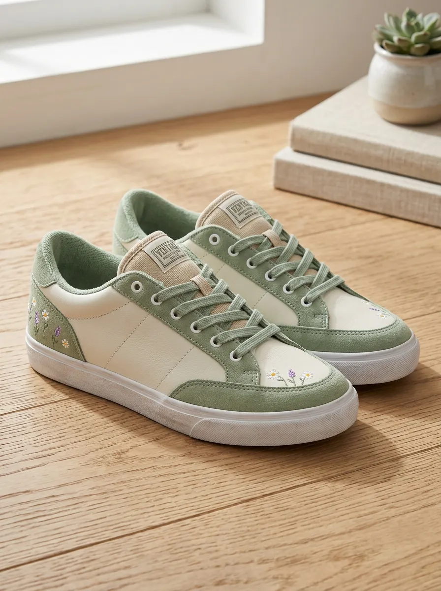 Women's Floral Lover Sage Green Daisy Embroidered Printed Shoes