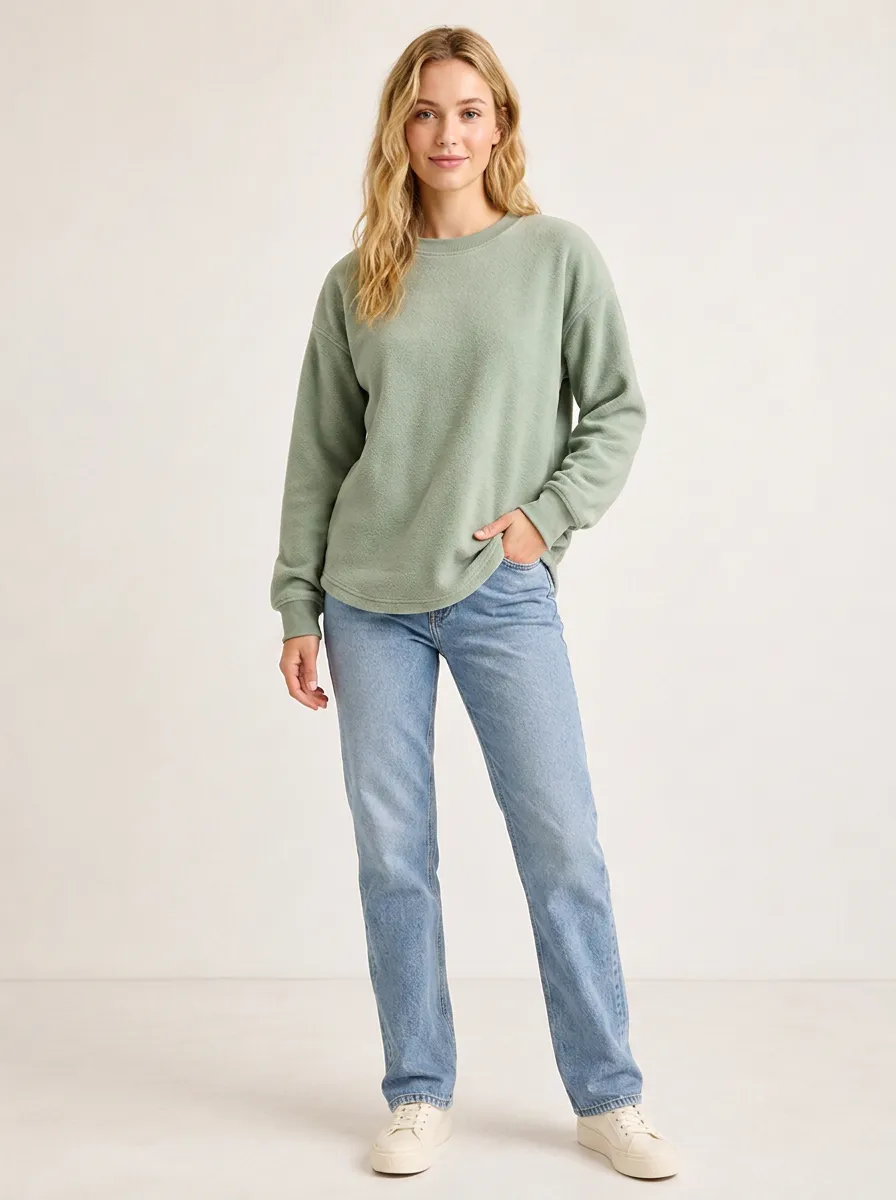 Casual Minimalist Sage Green Solid Fleece Sweatshirt