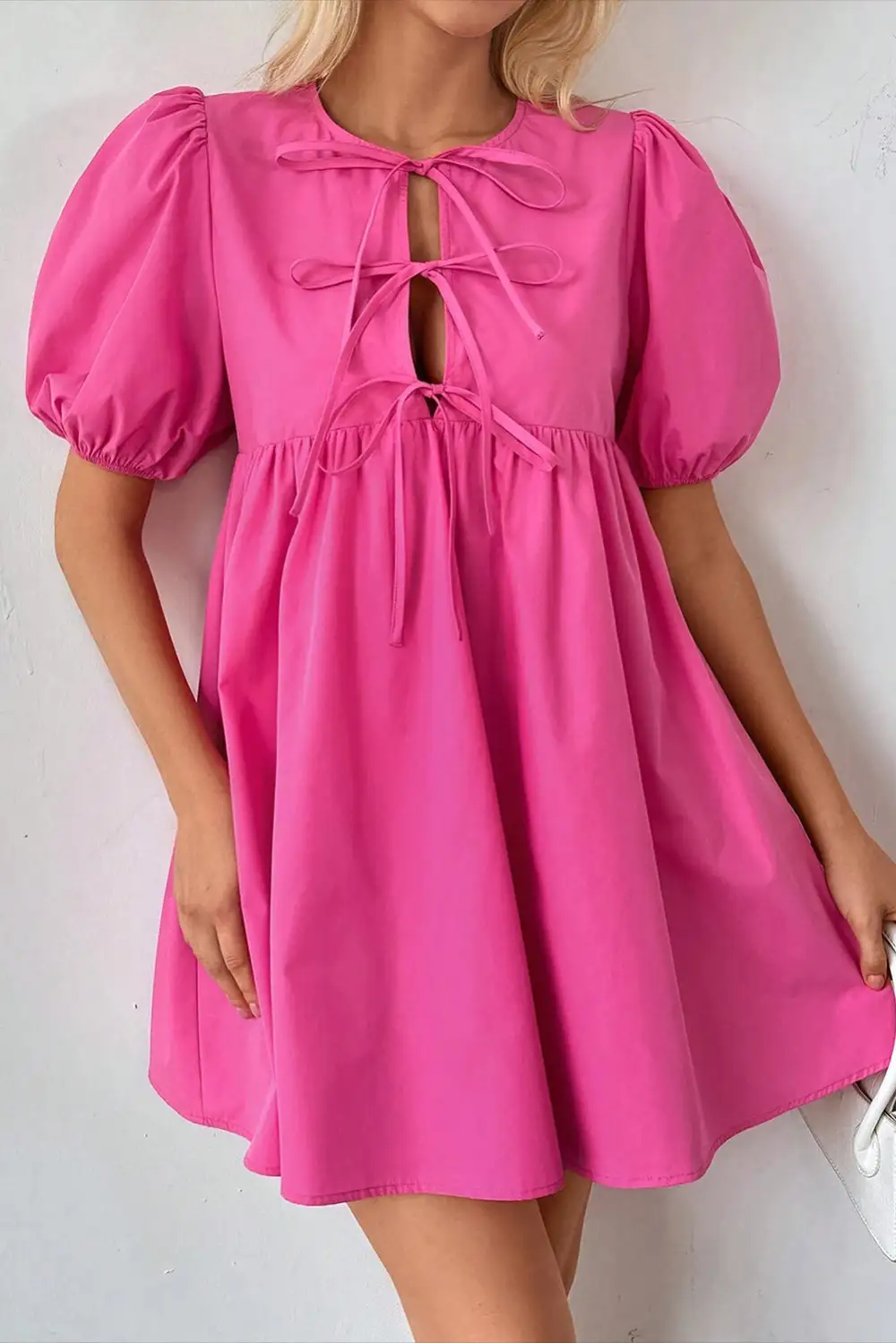 Bright Solid Color Puff Sleeve Tie Front High Waist Mini Dress