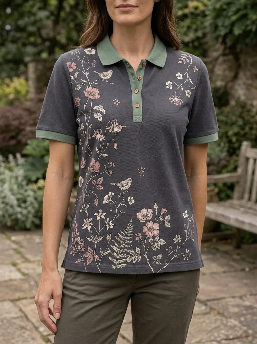 Women's Nature Lover Bird Floral Botanical Printed Polo Shirt