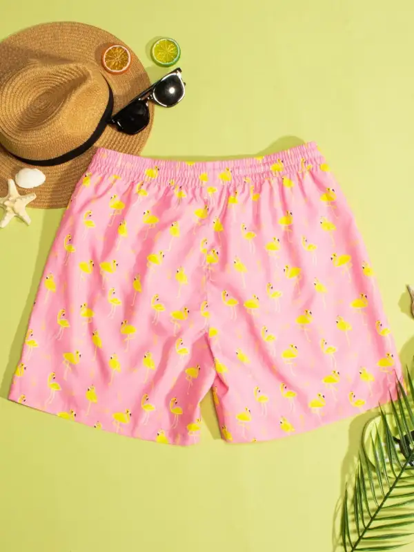 Men's Flamingo Print Drawstring Swim Trunks