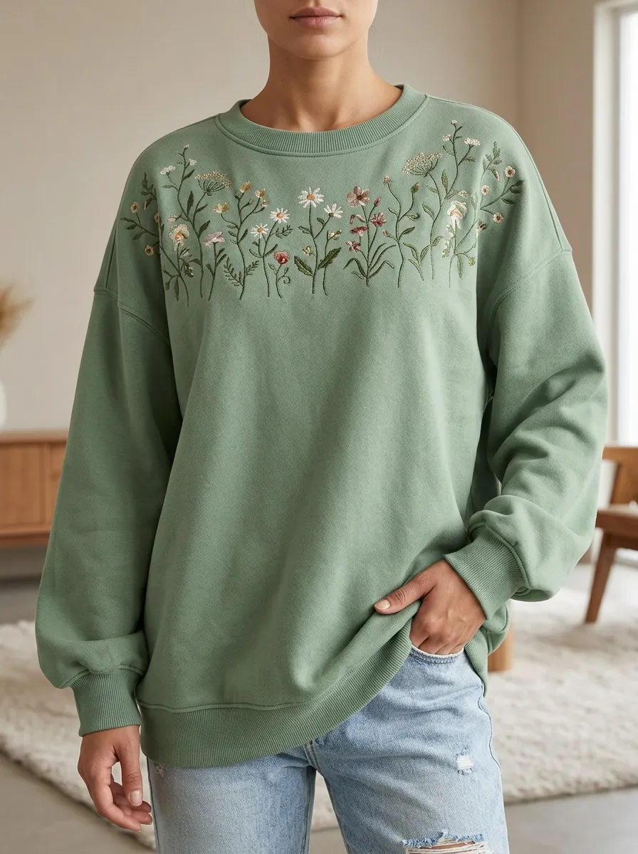 Women's Sweatshirt with Crew Neck Short Sleeve Detail