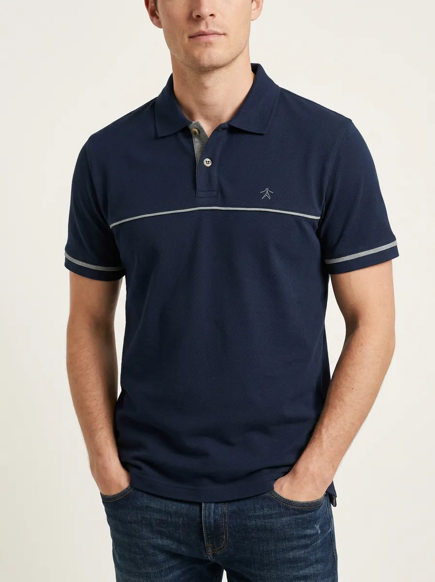 Men's Navy Blue Minimalist Logo Striped Polo Shirt